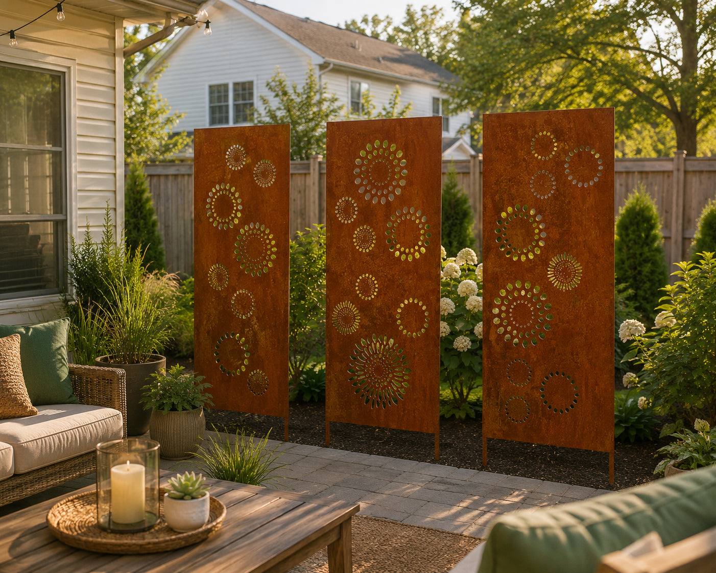 Outdoor rust-colored metal privacy panels with circular cutouts, three panels for patio privacy on Tampa Home & Garden Store