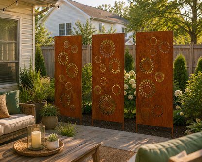 Outdoor rust-colored metal privacy panels with circular cutouts, three panels for patio privacy on Tampa Home & Garden Store