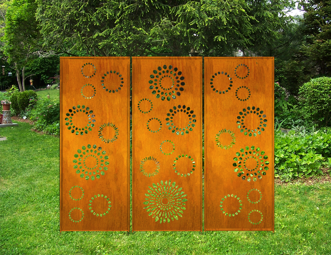 3-panel outdoor decorative metal privacy art in rust orange with green circular cutouts on Tampa Home & Garden Store