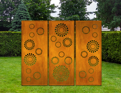 Decorative outdoor metal privacy panels with sunburst cutouts, 3-panel Rustica Ornamentals on Tampa Home & Garden Store