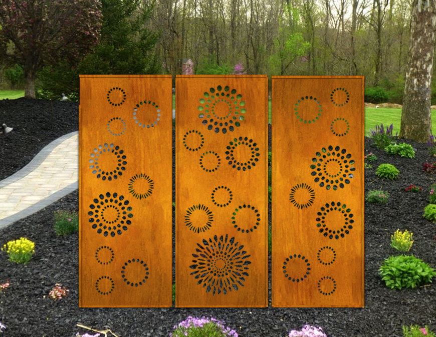 Outdoor metal privacy panels by Rustica Ornamentals 3-panel wall art with circular cutouts on Tampa Home & Garden Store