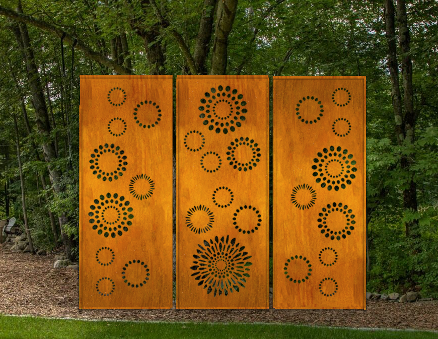 Three-panel privacy screens by Rustica Ornamentals, 46-inch rust finish with circular cutouts on Tampa Home & Garden Store