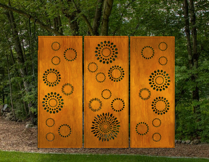 Three-panel privacy screens by Rustica Ornamentals, 46-inch rust finish with circular cutouts on Tampa Home & Garden Store