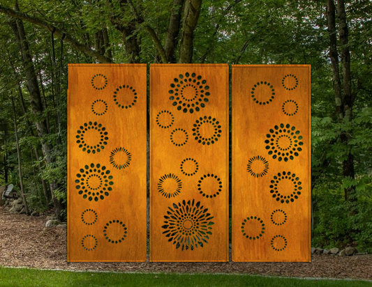 Three-panel privacy screens by Rustica Ornamentals, 46-inch rust finish with circular cutouts on Tampa Home & Garden Store