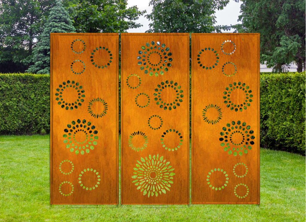 Three-panel rust-colored outdoor metal privacy wall art with circular perforations on Tampa Home & Garden Store