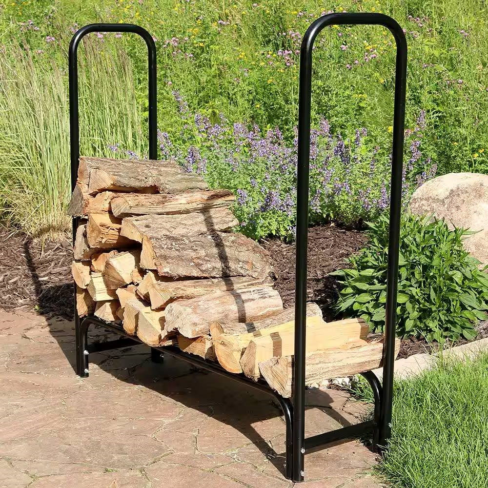 Indoor/Outdoor 4-Ft. Black Metal Firewood Rack with Cover - Tampa Home & Garden Store