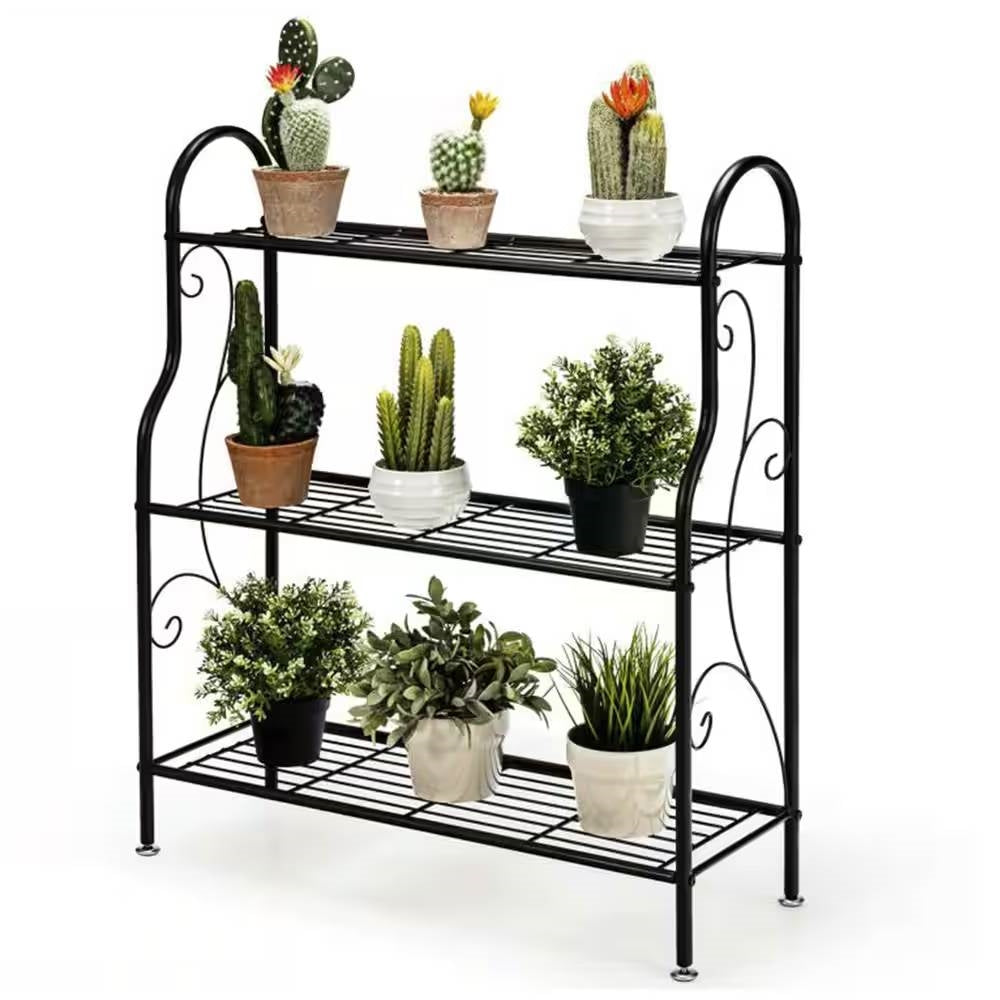 Indoor/Outdoor Black Metal 3-Tier Bookcase Plant Stand Shelving Rack - Tampa Home & Garden Store