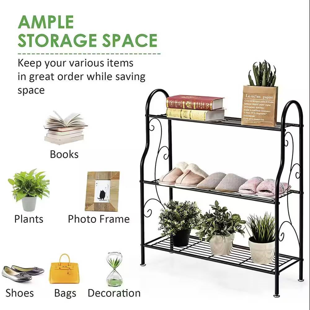 Indoor/Outdoor Black Metal 3-Tier Bookcase Plant Stand Shelving Rack - Tampa Home & Garden Store