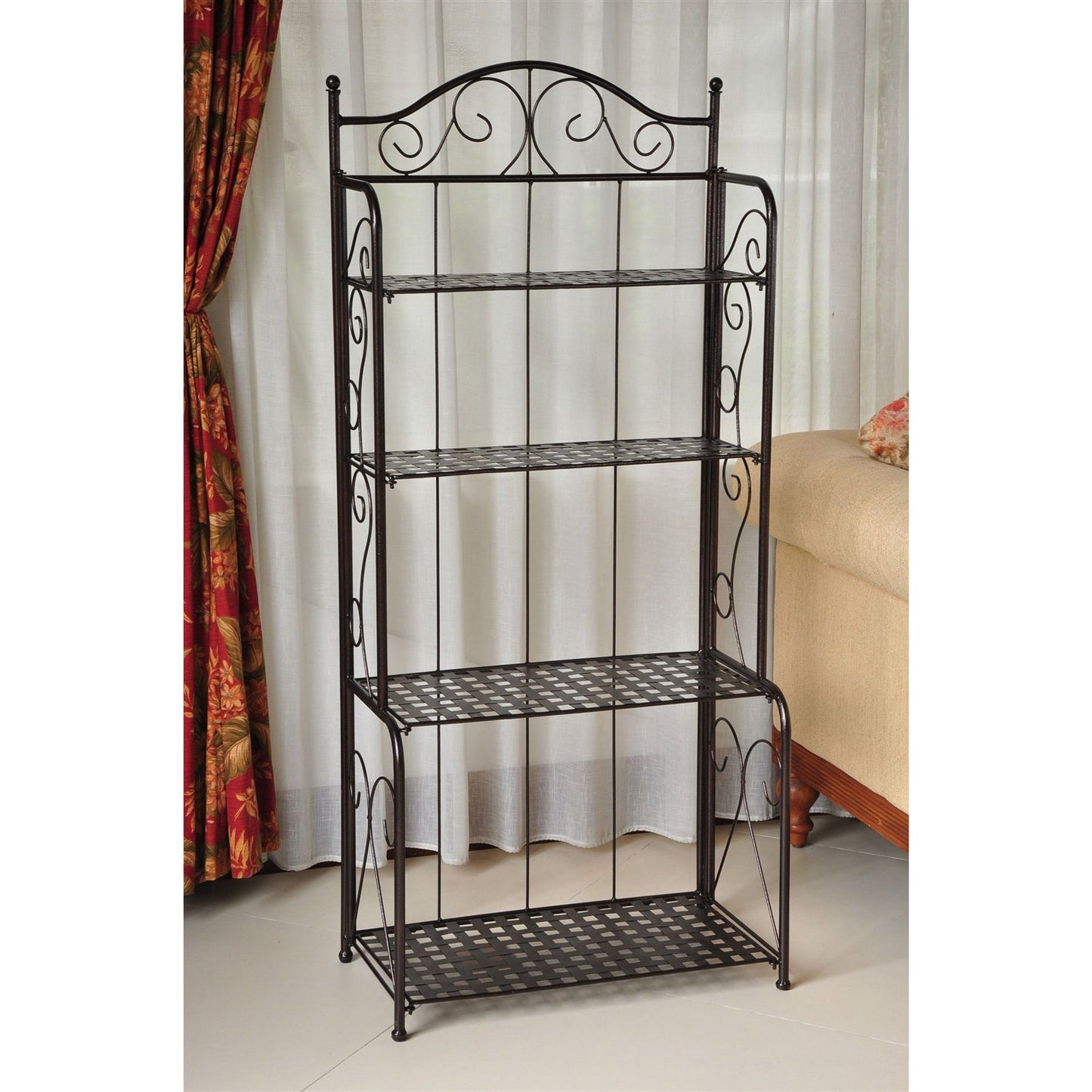 Indoor / Outdoor Folding Iron 4-Shelf Bakers Rack in Bronze with Lattice Shelves - Tampa Home & Garden Store