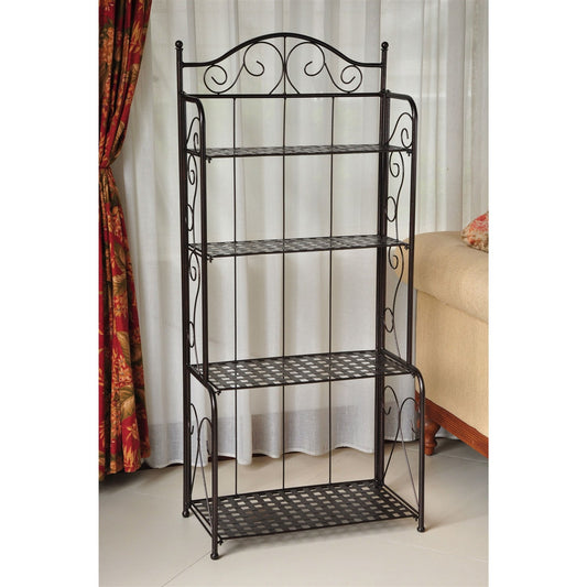 Indoor / Outdoor Folding Iron 4-Shelf Bakers Rack in Bronze with Lattice Shelves - Tampa Home & Garden Store