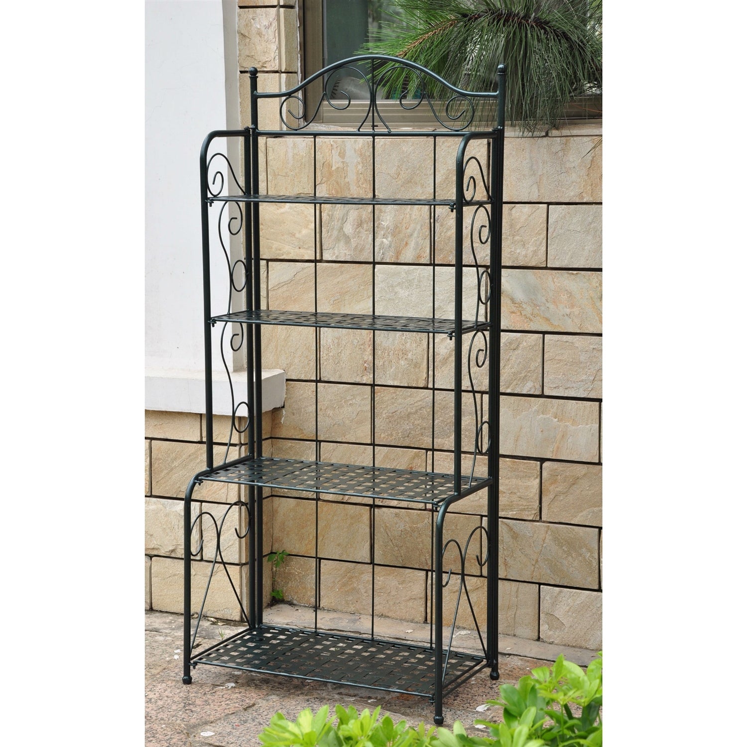 Indoor / Outdoor Folding Iron 4-Shelf Bakers Rack in Bronze with Lattice Shelves - Tampa Home & Garden Store
