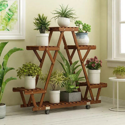 Indoor Outdoor Solid Wood Triangular Multi-Tier Plant Stand with Locking Wheels - Tampa Home & Garden Store
