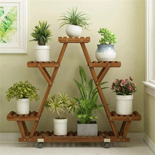 Indoor Outdoor Solid Wood Triangular Multi-Tier Plant Stand with Locking Wheels - Tampa Home & Garden Store