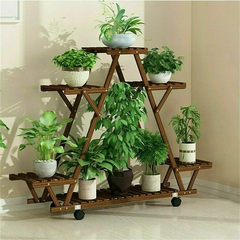 Indoor Outdoor Solid Wood Triangular Multi-Tier Plant Stand with Locking Wheels - Tampa Home & Garden Store