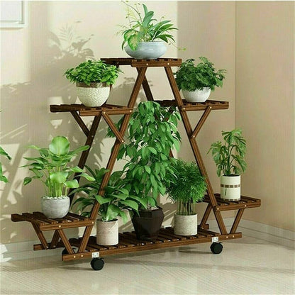 Indoor Outdoor Solid Wood Triangular Multi-Tier Plant Stand with Locking Wheels - Tampa Home & Garden Store
