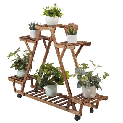 Indoor Outdoor Solid Wood Triangular Multi-Tier Plant Stand with Locking Wheels - Tampa Home & Garden Store