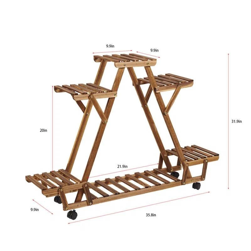 Indoor Outdoor Solid Wood Triangular Multi-Tier Plant Stand with Locking Wheels - Tampa Home & Garden Store