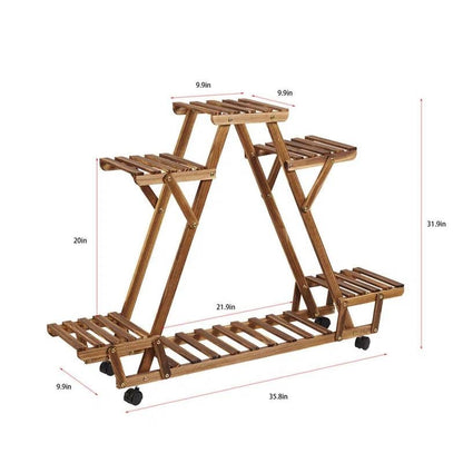 Indoor Outdoor Solid Wood Triangular Multi-Tier Plant Stand with Locking Wheels - Tampa Home & Garden Store