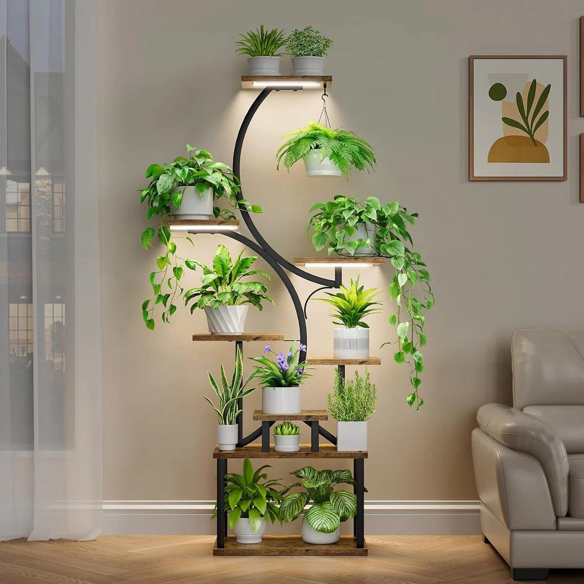 Indoor Plant Stand with Black Metal Frame and Wood Finish Shelves - Tampa Home & Garden Store