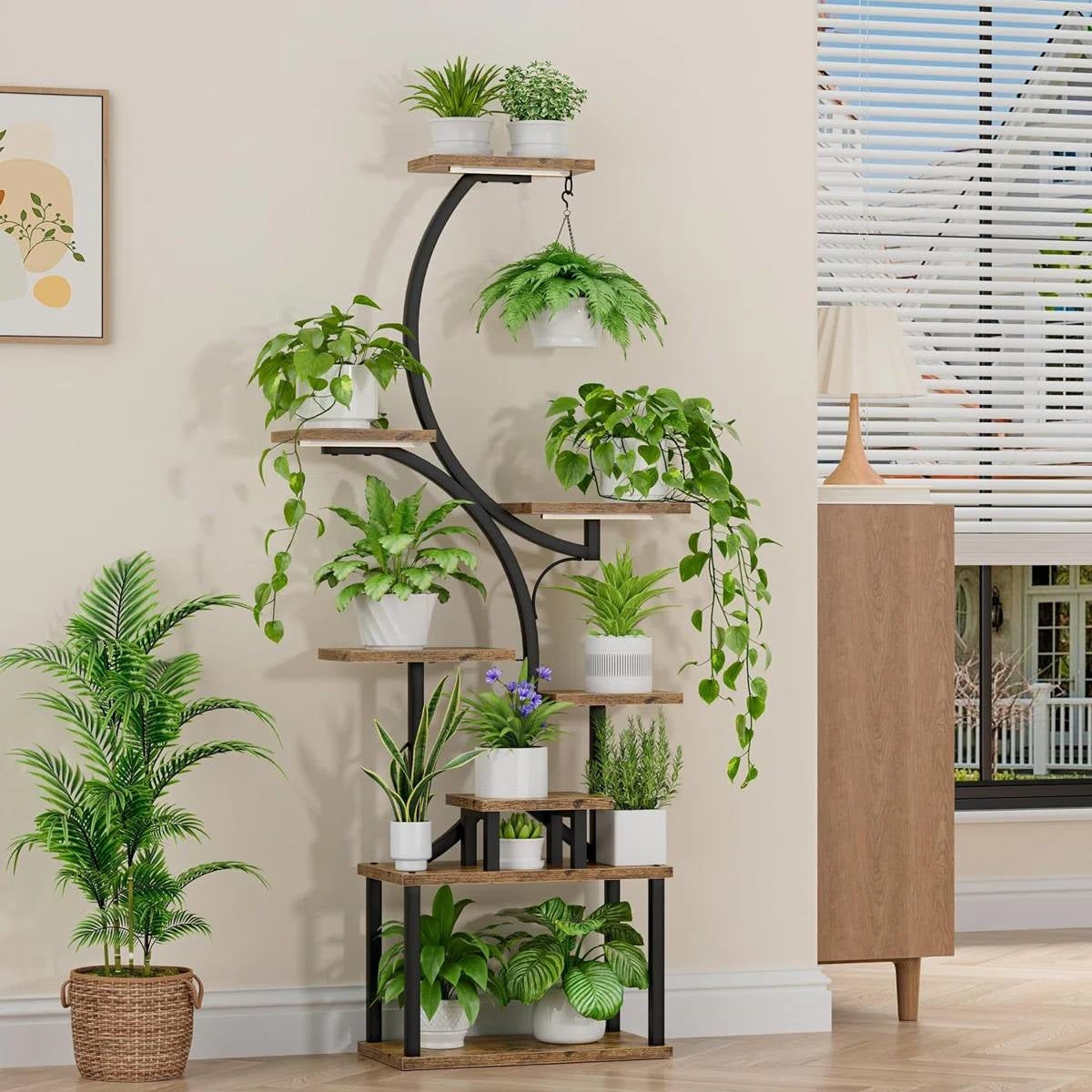 Indoor Plant Stand with Black Metal Frame and Wood Finish Shelves - Tampa Home & Garden Store