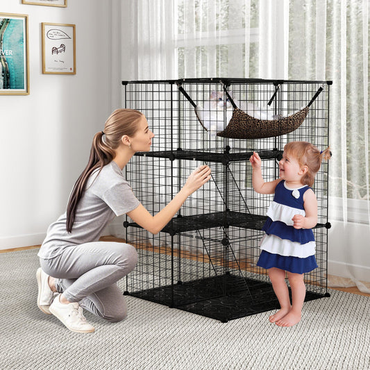 Indoor Cat Cage 3-Tier Cat Enclosure Detachable Metal Wire Kennel-Black - Tampa Home & Garden Store