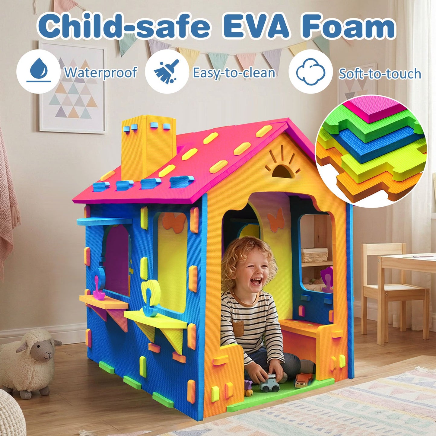 Indoor Cottage Playset with Roof and Chimney for Creative Play