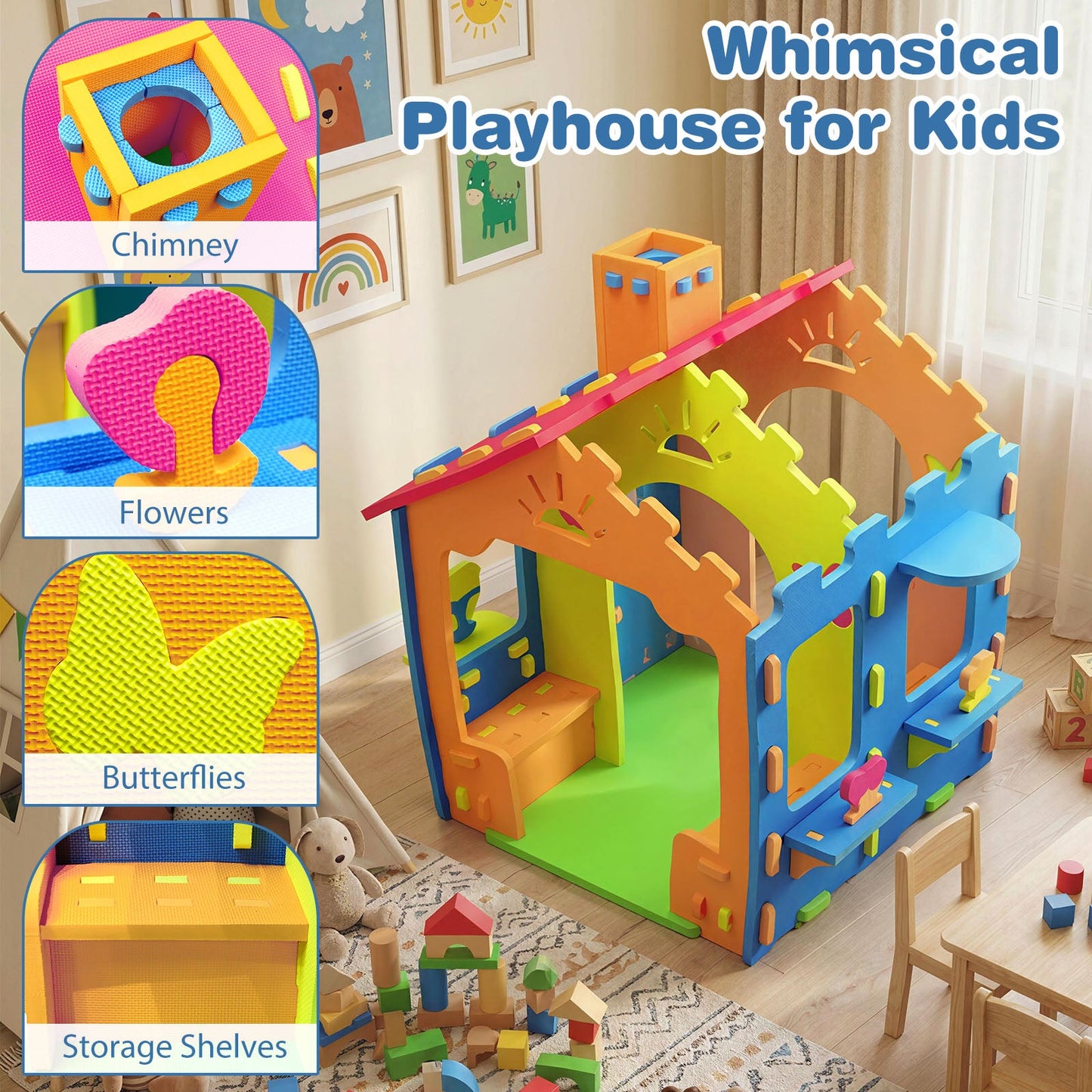 Indoor Cottage Playset with Roof and Chimney for Creative Play
