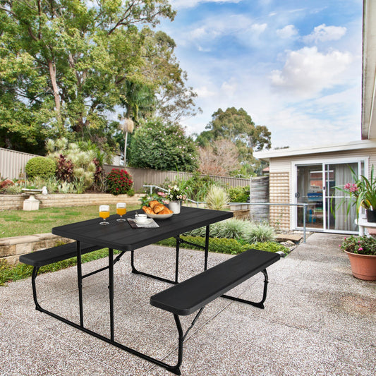 Indoor and Outdoor Folding Picnic Table Bench Set with Wood-like Texture-Black - Tampa Home & Garden Store