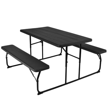 Juego de banco y mesa de pícnic plegable para interiores y exteriores con textura de madera - Negro
