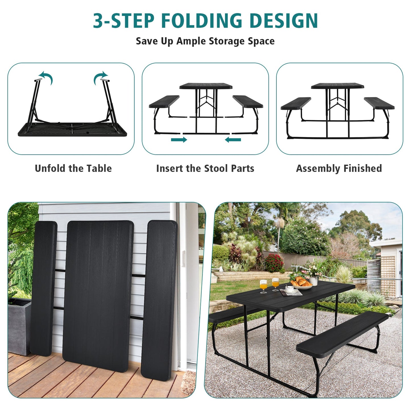 Juego de banco y mesa de pícnic plegable para interiores y exteriores con textura de madera - Negro