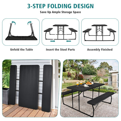 Juego de banco y mesa de pícnic plegable para interiores y exteriores con textura de madera - Negro