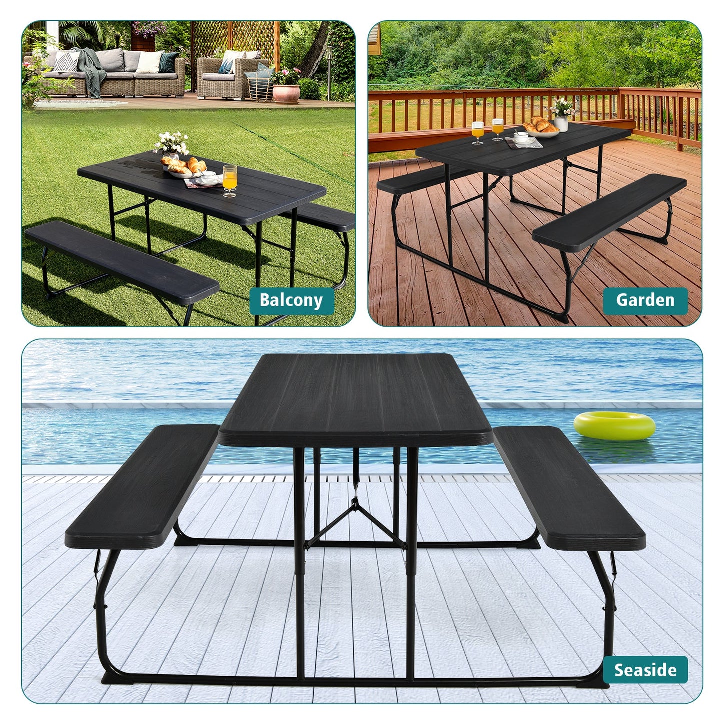 Juego de banco y mesa de pícnic plegable para interiores y exteriores con textura de madera - Negro