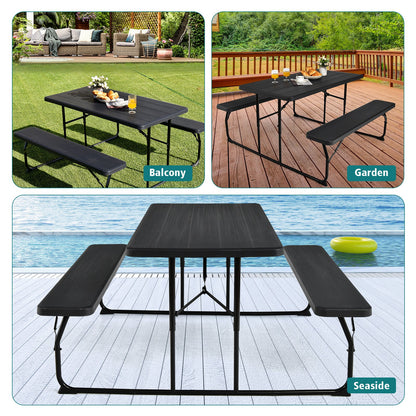 Juego de banco y mesa de pícnic plegable para interiores y exteriores con textura de madera - Negro
