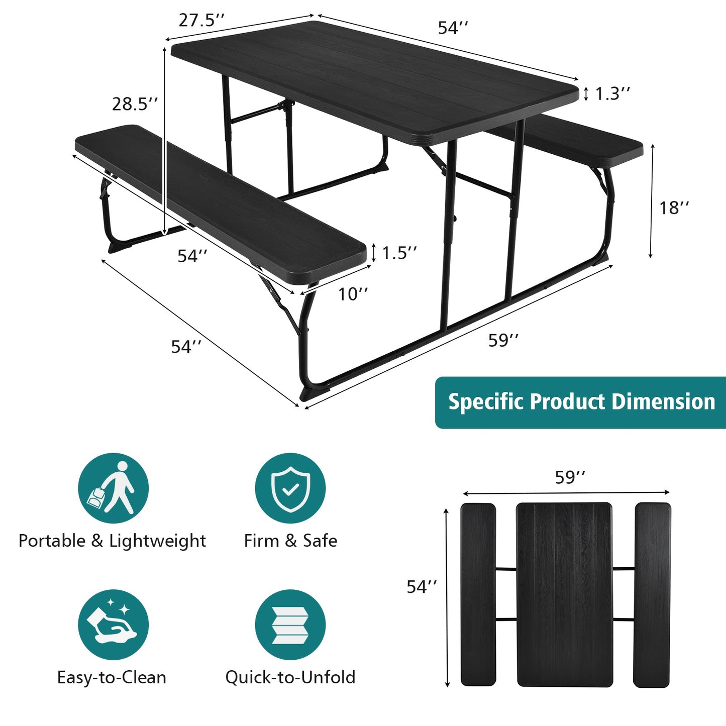 Juego de banco y mesa de pícnic plegable para interiores y exteriores con textura de madera - Negro