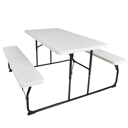 Indoor and Outdoor Folding Picnic Table Bench Set with Wood-like Texture-White