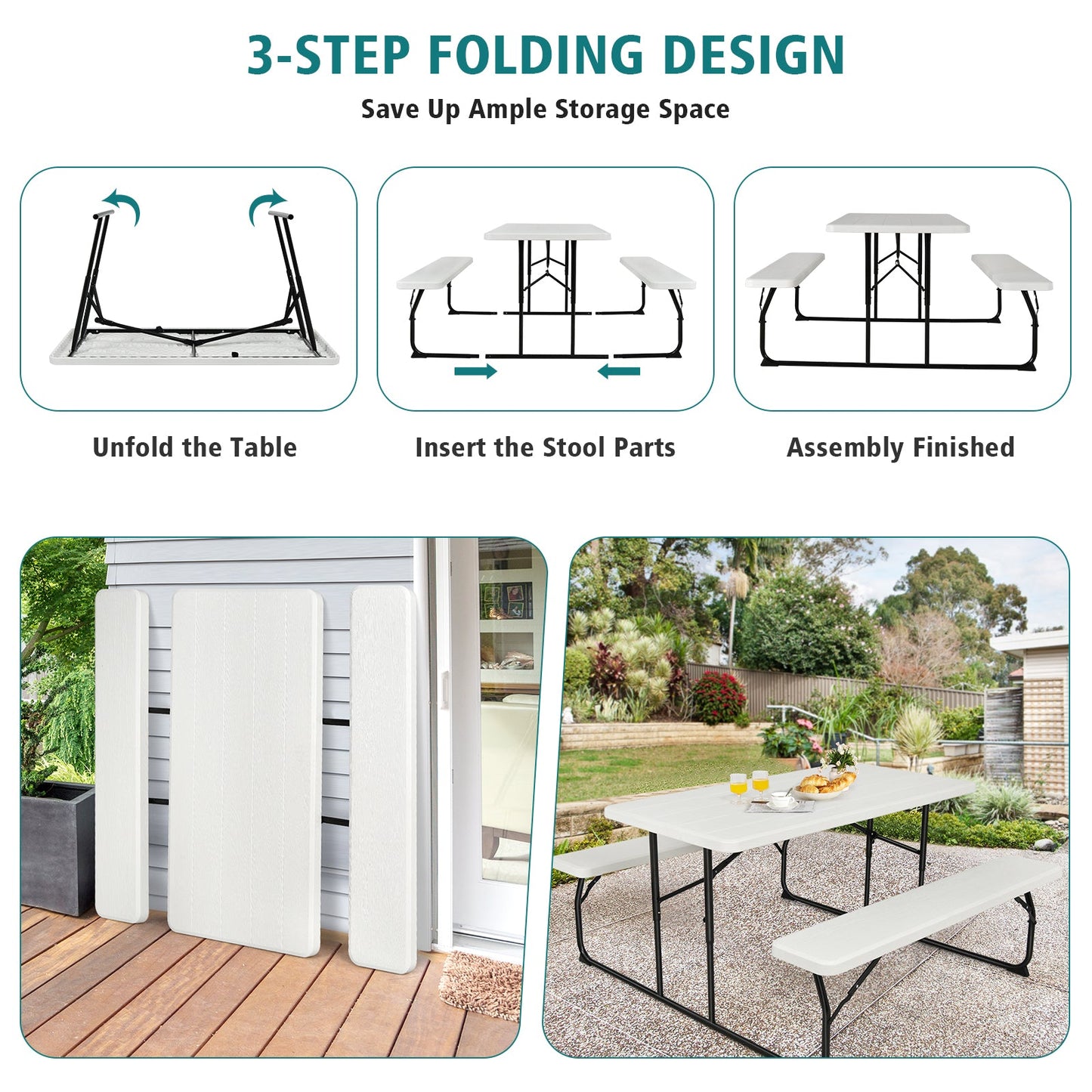Indoor and Outdoor Folding Picnic Table Bench Set with Wood-like Texture-White