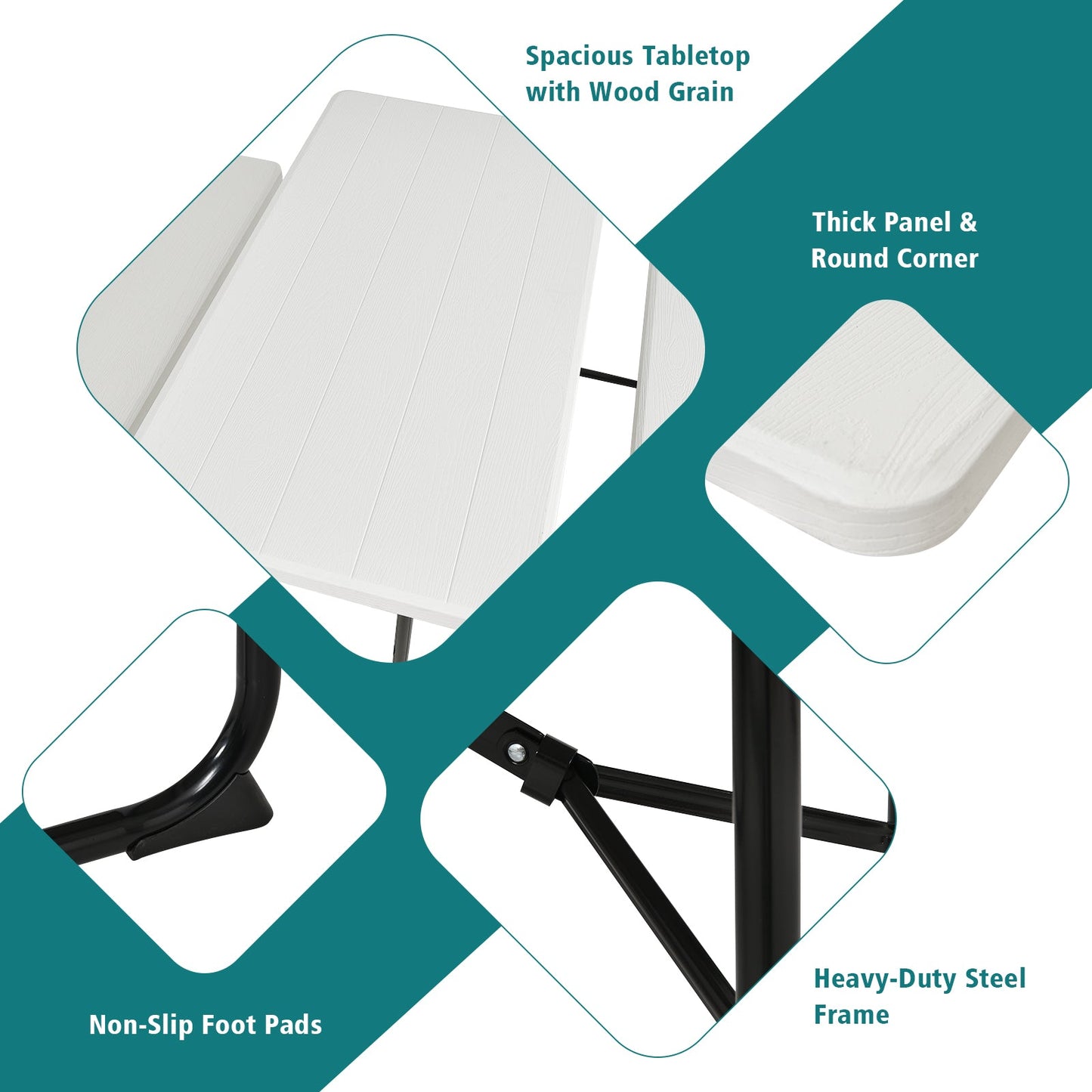 Indoor and Outdoor Folding Picnic Table Bench Set with Wood-like Texture-White