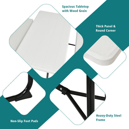 Indoor and Outdoor Folding Picnic Table Bench Set with Wood-like Texture-White