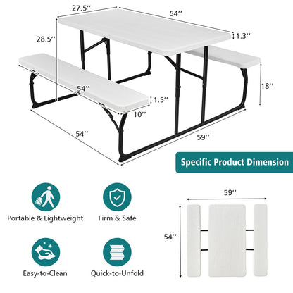 Indoor and Outdoor Folding Picnic Table Bench Set with Wood-like Texture-White
