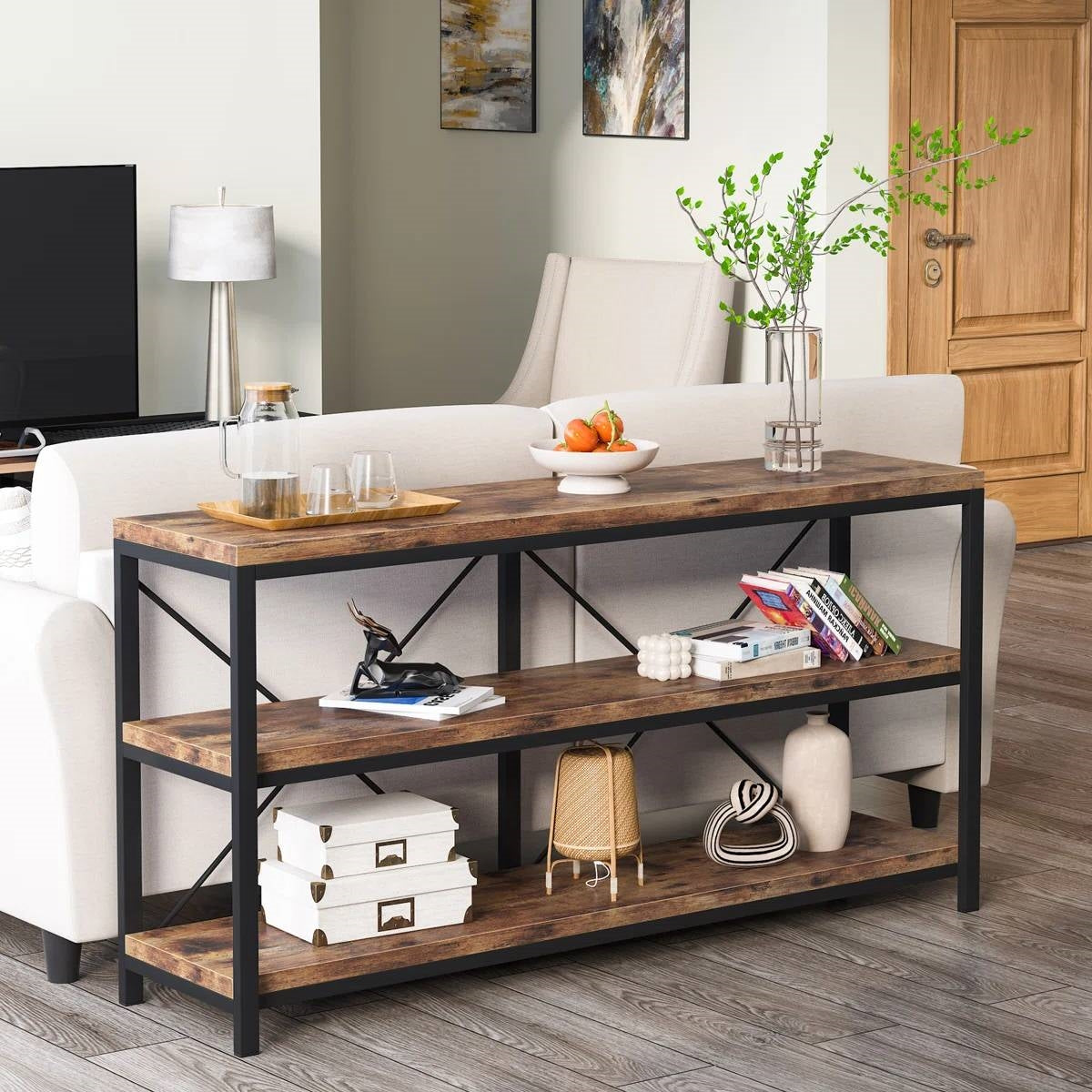 Industrial 55-inch Wood Shelf Console Table with Sturdy Black Metal Frame - Tampa Home & Garden Store