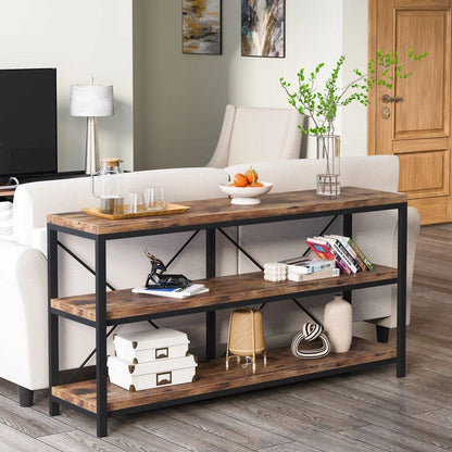 Industrial 55-inch Wood Shelf Console Table with Sturdy Black Metal Frame - Tampa Home & Garden Store