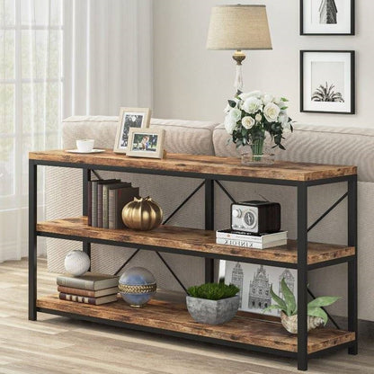 Industrial 55-inch Wood Shelf Console Table with Sturdy Black Metal Frame - Tampa Home & Garden Store