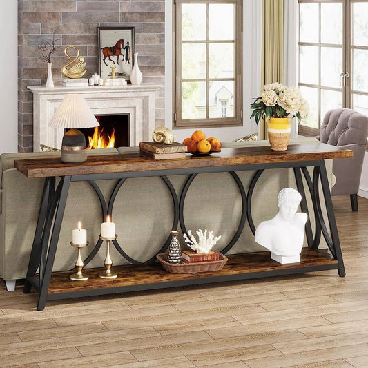 Industrial 70-in. Brown Wood Top Console Table with Heavy Duty Black Metal Frame - Tampa Home & Garden Store