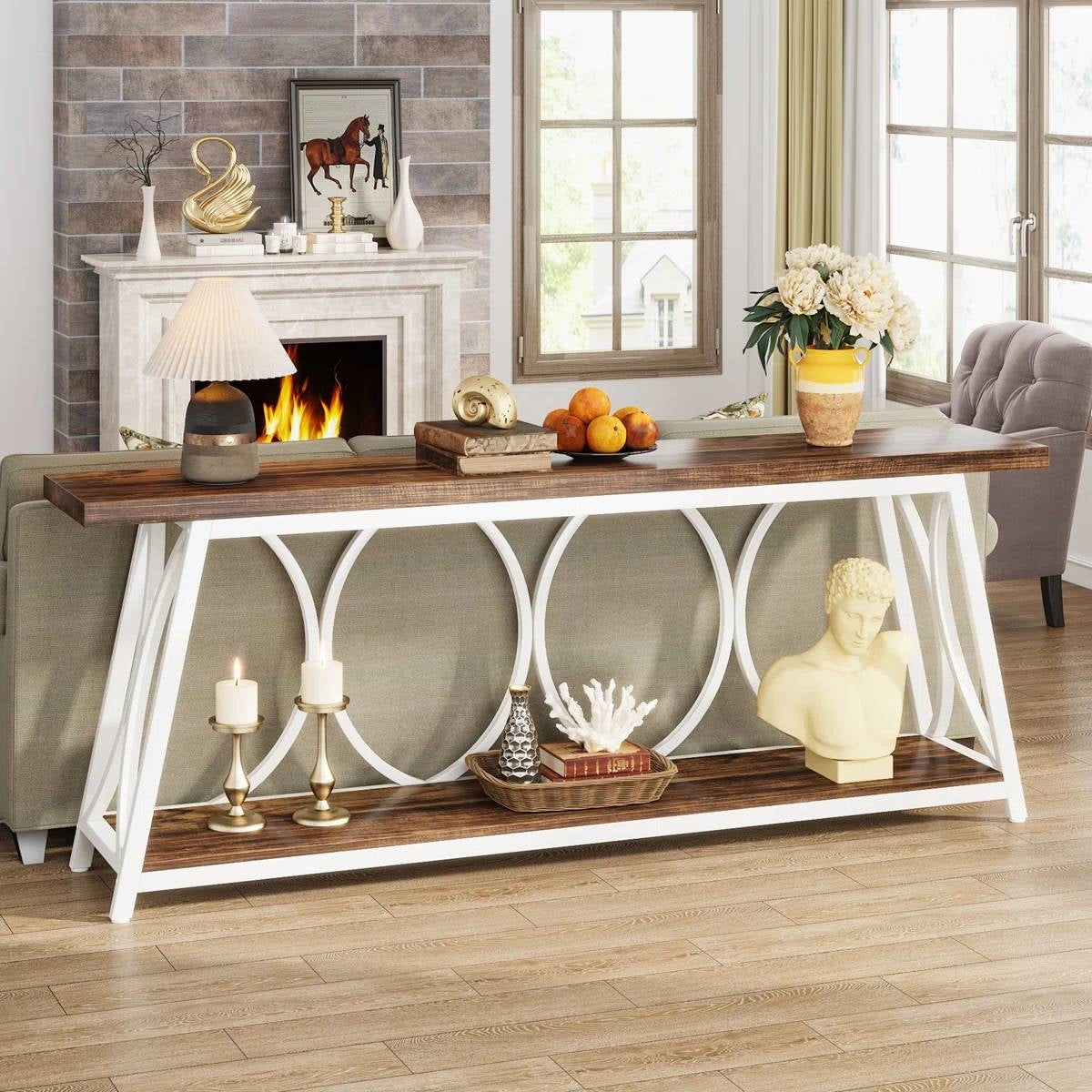 Industrial 70-inch Brown Wood Top Sofa Table with Heavy Duty White Metal Frame - Tampa Home & Garden Store