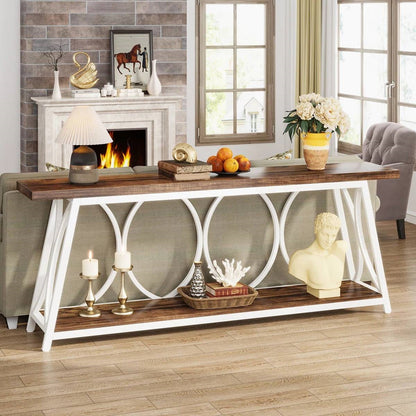 Industrial 70-inch Brown Wood Top Sofa Table with Heavy Duty White Metal Frame - Tampa Home & Garden Store