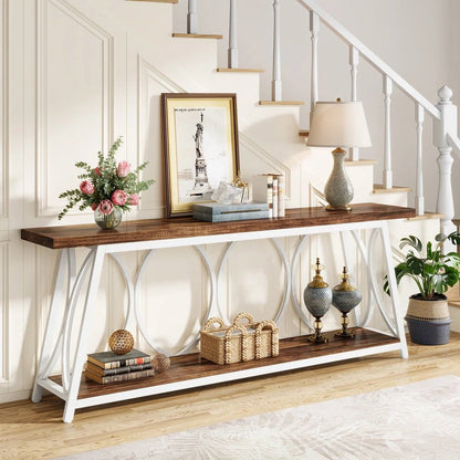 Industrial 70-inch Brown Wood Top Sofa Table with Heavy Duty White Metal Frame - Tampa Home & Garden Store