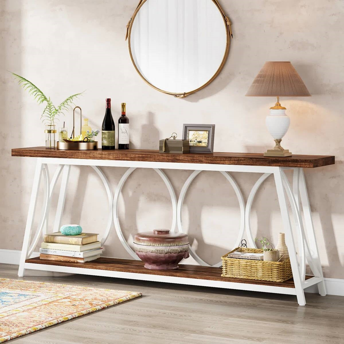 Industrial 70-inch Brown Wood Top Sofa Table with Heavy Duty White Metal Frame - Tampa Home & Garden Store