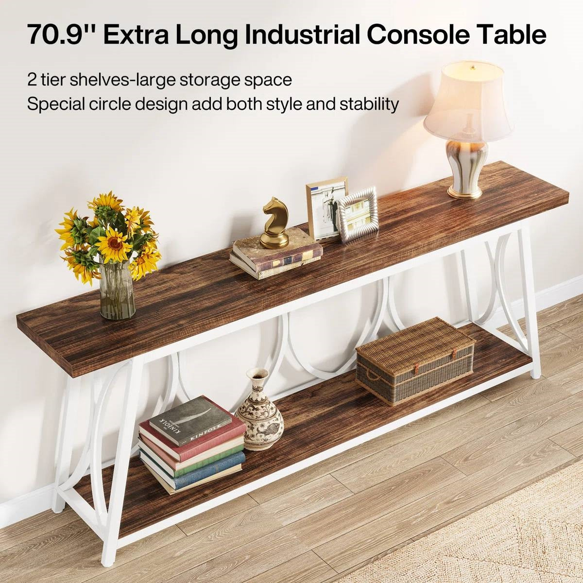 Industrial 70-inch Brown Wood Top Sofa Table with Heavy Duty White Metal Frame - Tampa Home & Garden Store