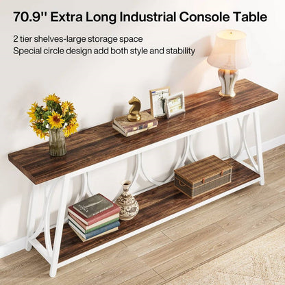 Industrial 70-inch Brown Wood Top Sofa Table with Heavy Duty White Metal Frame - Tampa Home & Garden Store