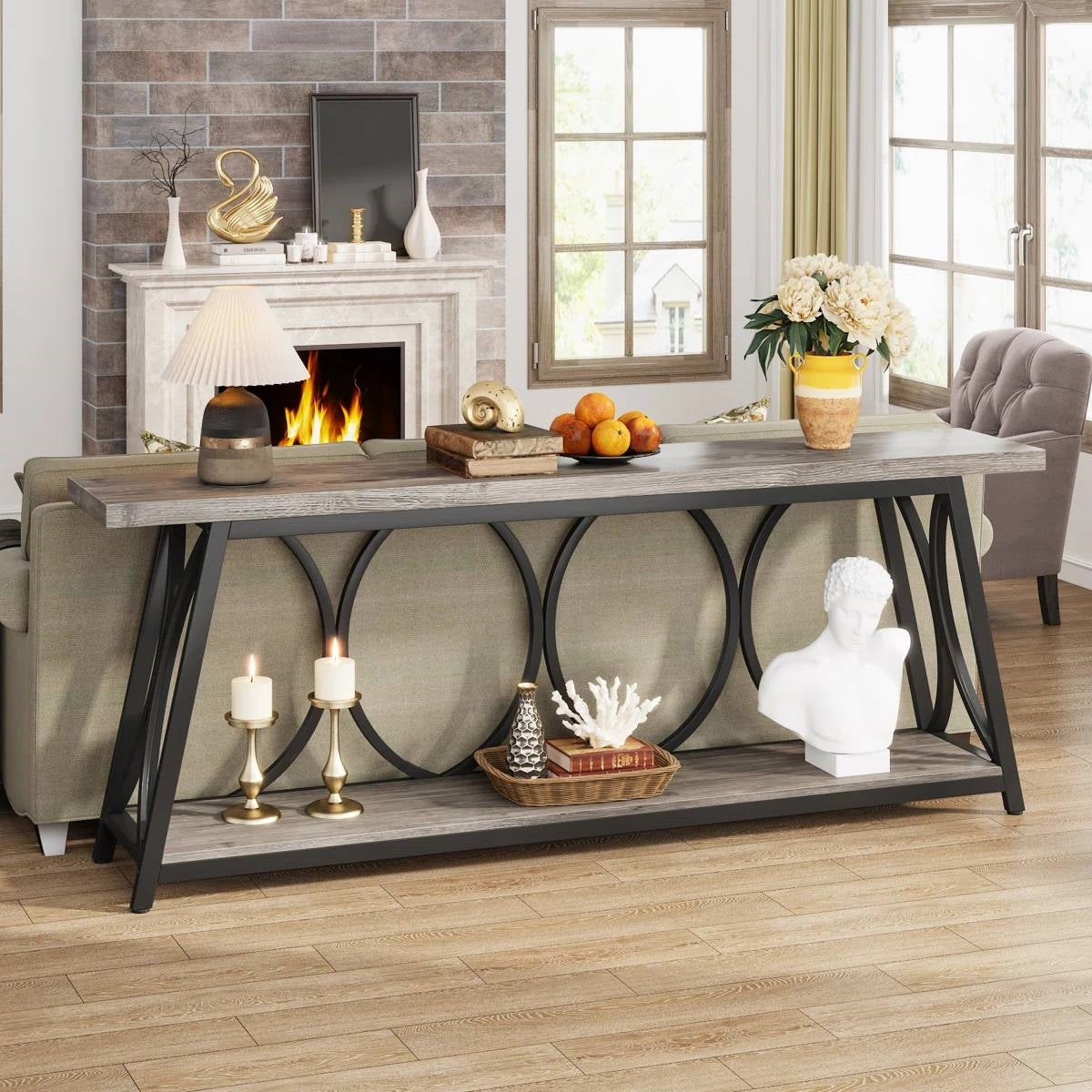 Industrial 70-inch Grey Wood Top Sofa Table with Heavy Duty Black Metal Frame - Tampa Home & Garden Store